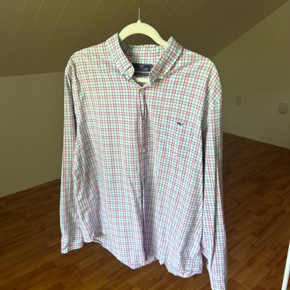 Vineyard Vines Men's Red and Blue Plaid Shirt